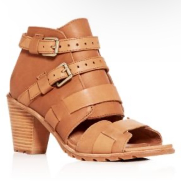 Sorel Shoes - NEW Sorel Nadia Buckle Heel Sandal Camel Brown Leather Boho Chunky Size 8.5
